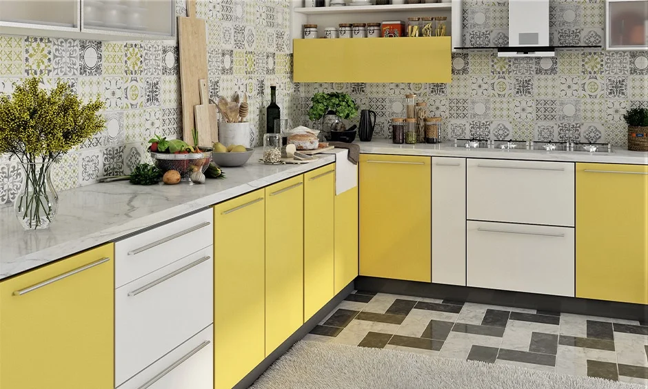 A yellow flap-down shutter above the counter shows a measurement to check before choosing kitchen wall cabinets.