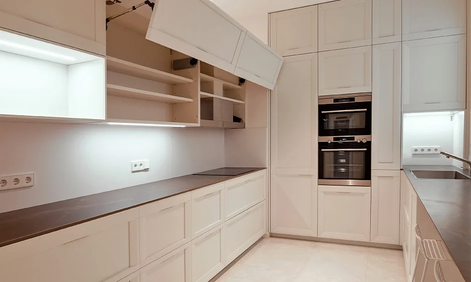 A wide lift-up shutter opens the full cabinet at once, where overhead kitchen wall cabinets earn their cost.