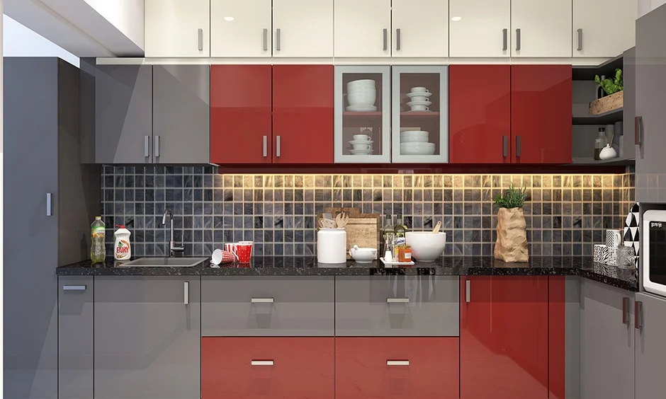 Hinged shutters are the better call for wall-mounted kitchen cabinets like these red, cream and glass-fronted units.