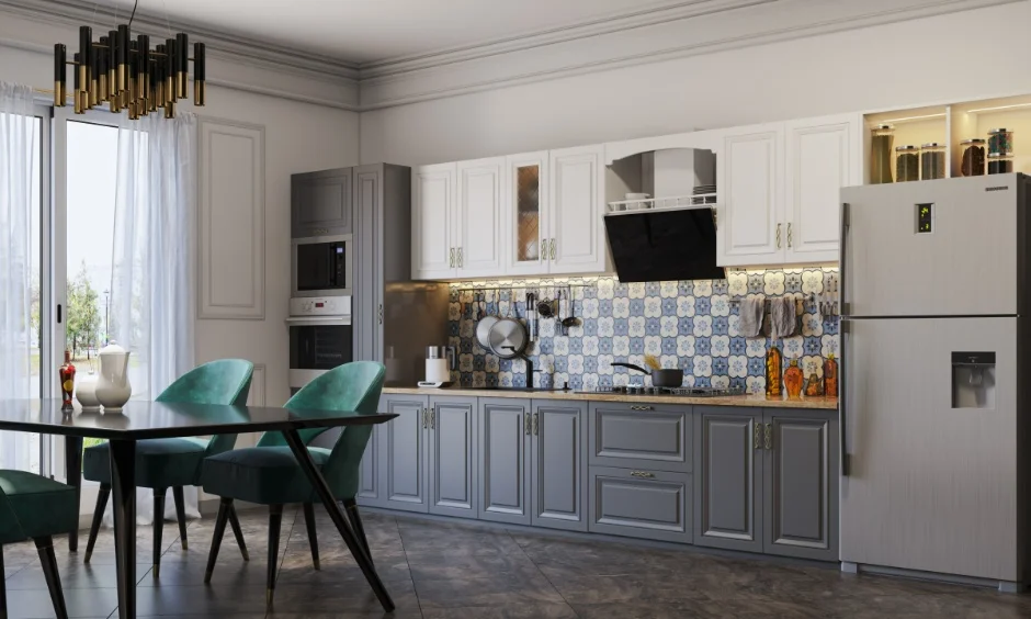Hinged shutters, a glass front and a lit open niche show how mixed kitchen wall cabinets work better.