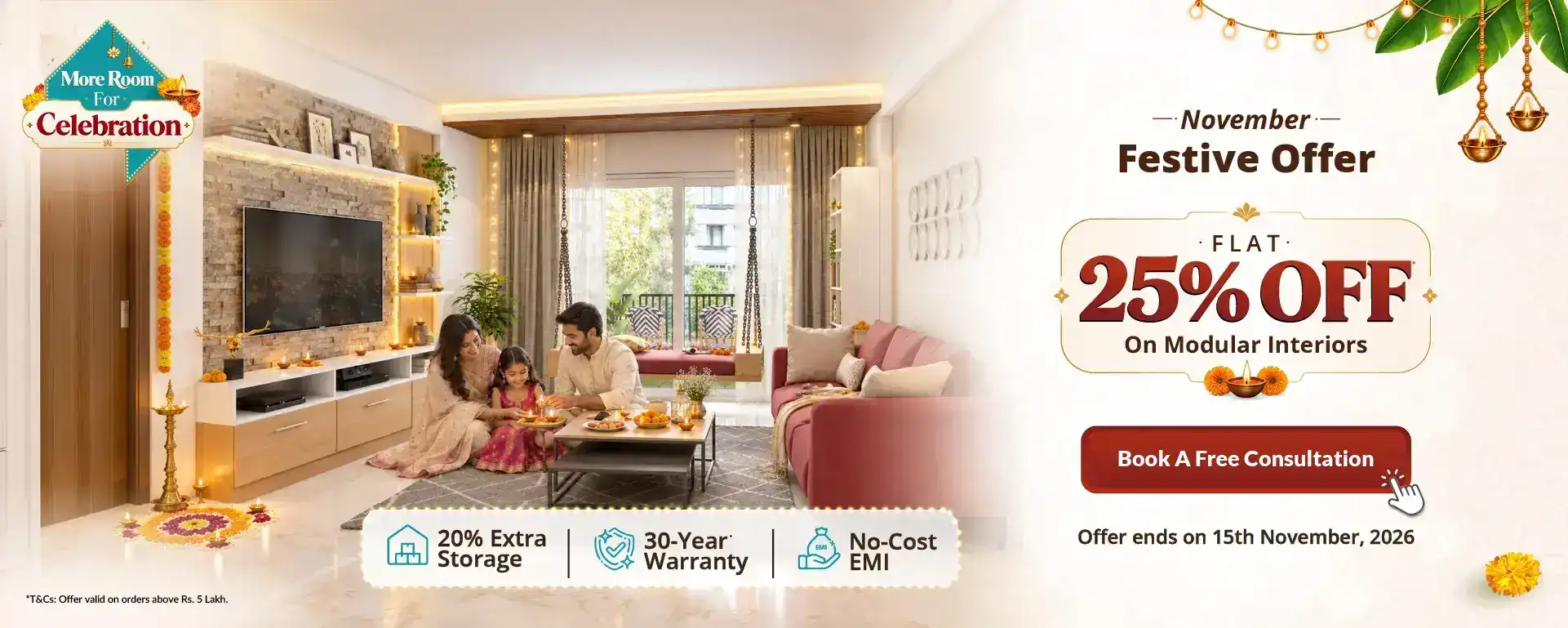 DesignCafe November festive offer – flat 25% off on modular interiors