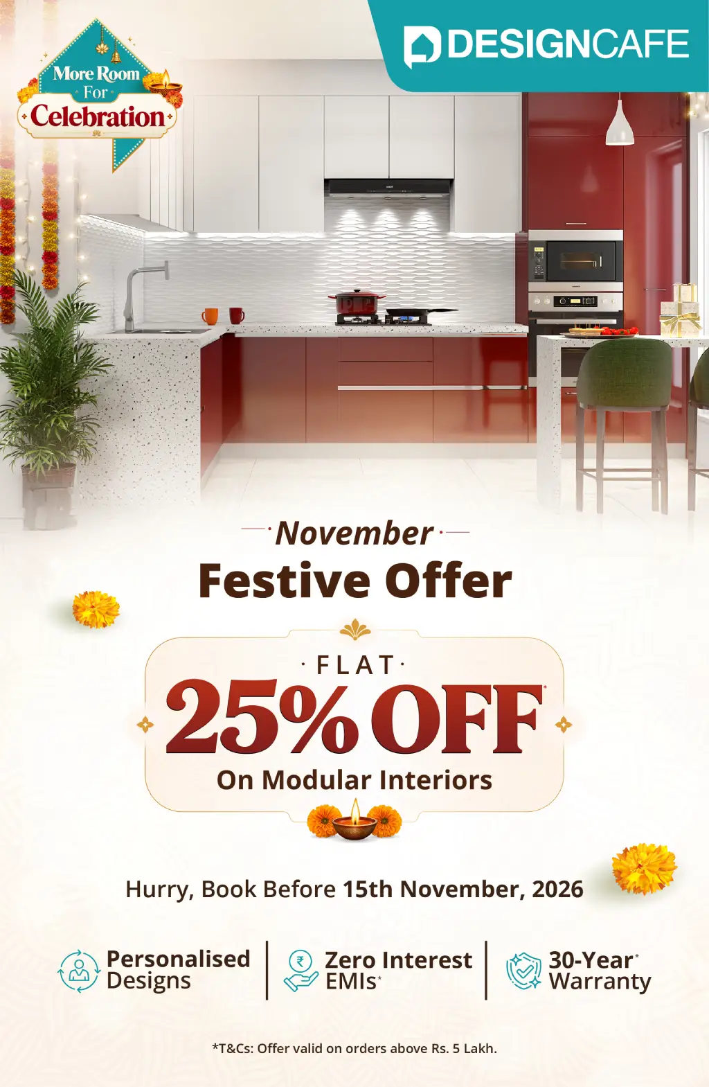 DesignCafe November offer: 25% off on modular interiors.